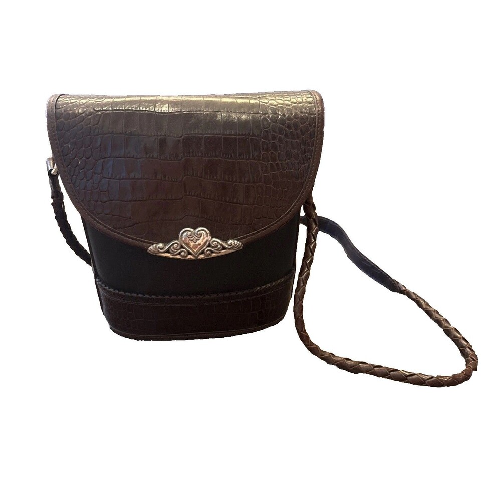 BRIGHTON Bucket Tote Shoulder Bag Purse Brown Leather w/Embossed Crocodile VTG